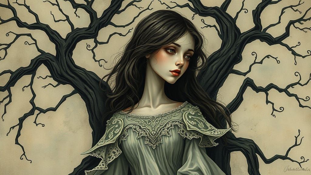 Whimsical Woman Lost in Thought Amidst Eerie Trees