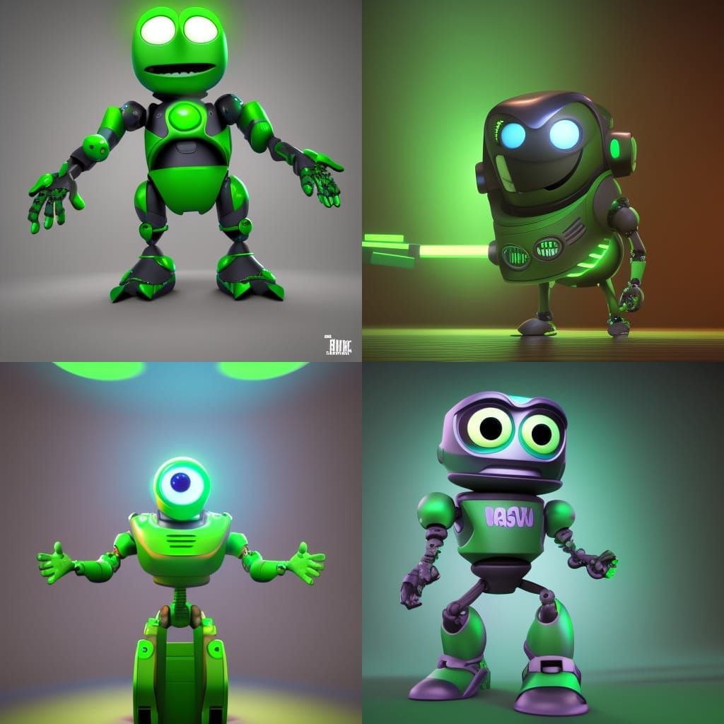 Scary Green Robot: 3D Digital Art in Pixar Style