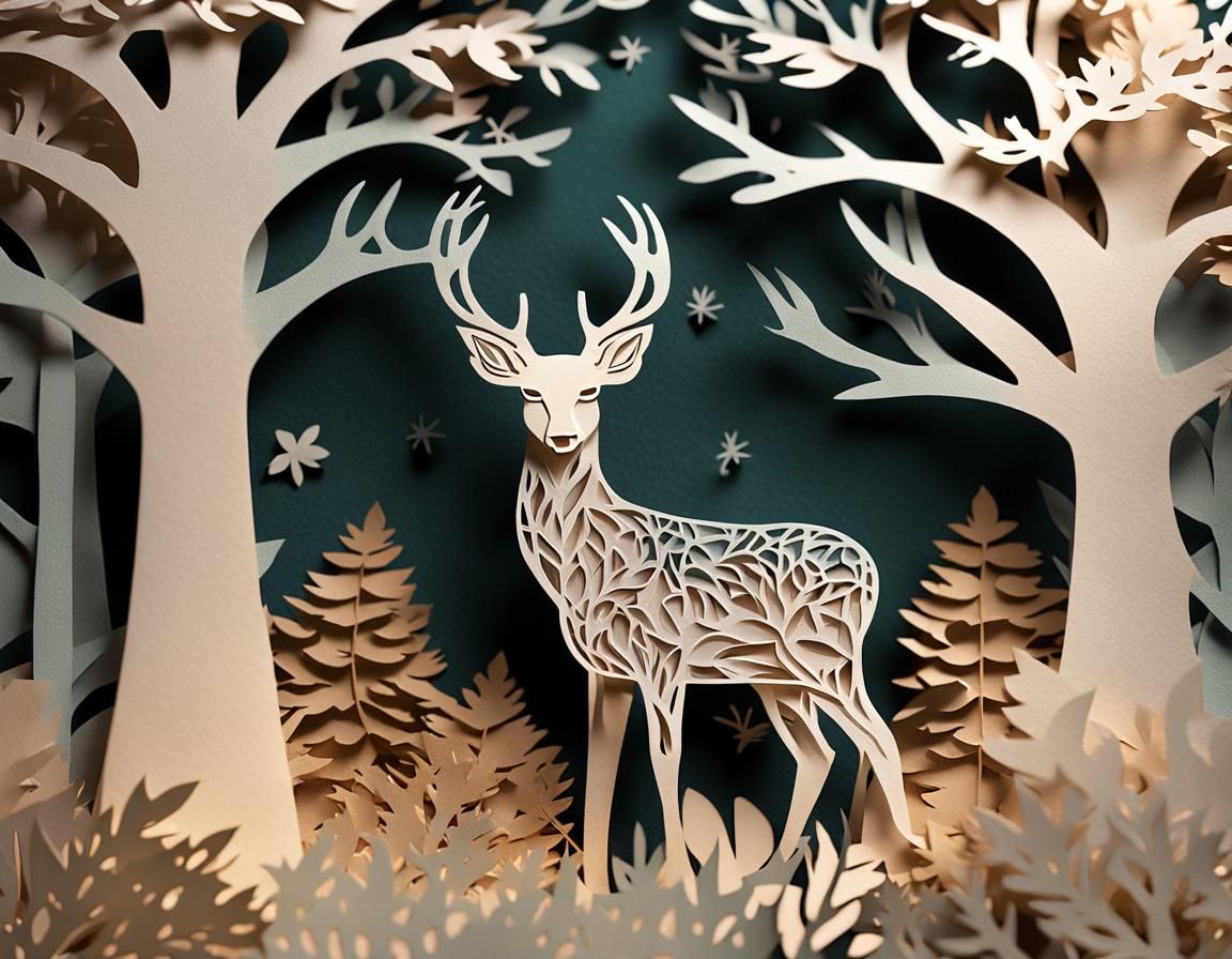 Serene Forest Deer in Paper Cut Art