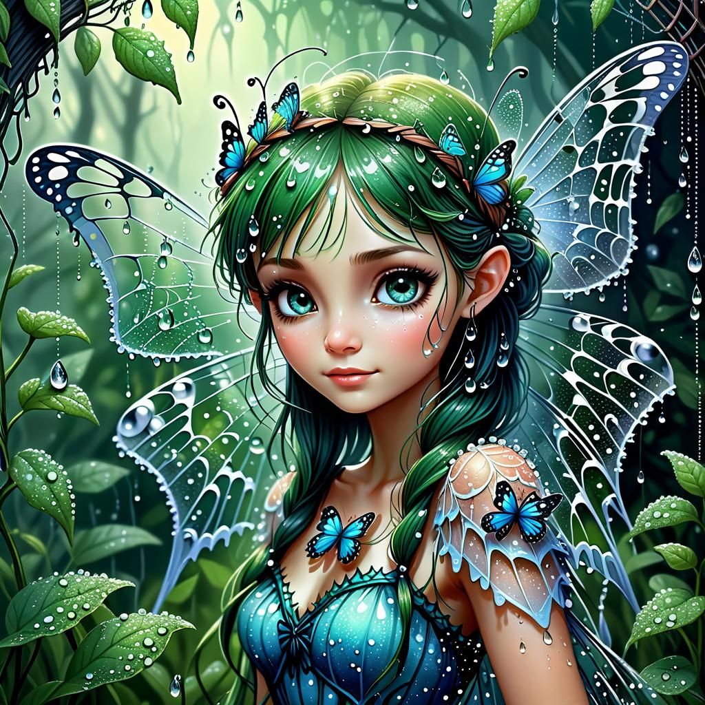 Butterfly Fairy Entangled in Dewy Spiderweb