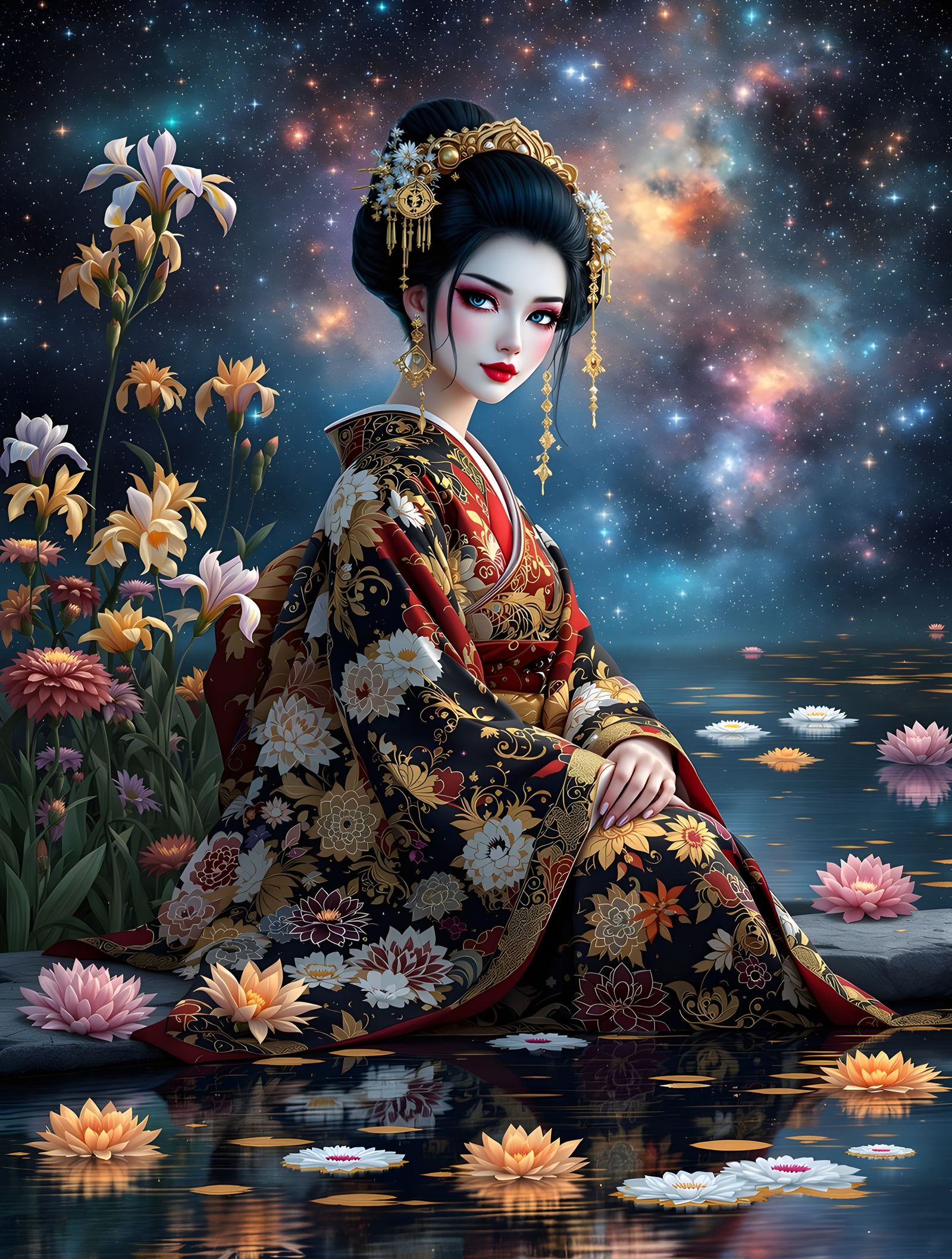 Dark Fantasy Geisha in Celestial Garden
