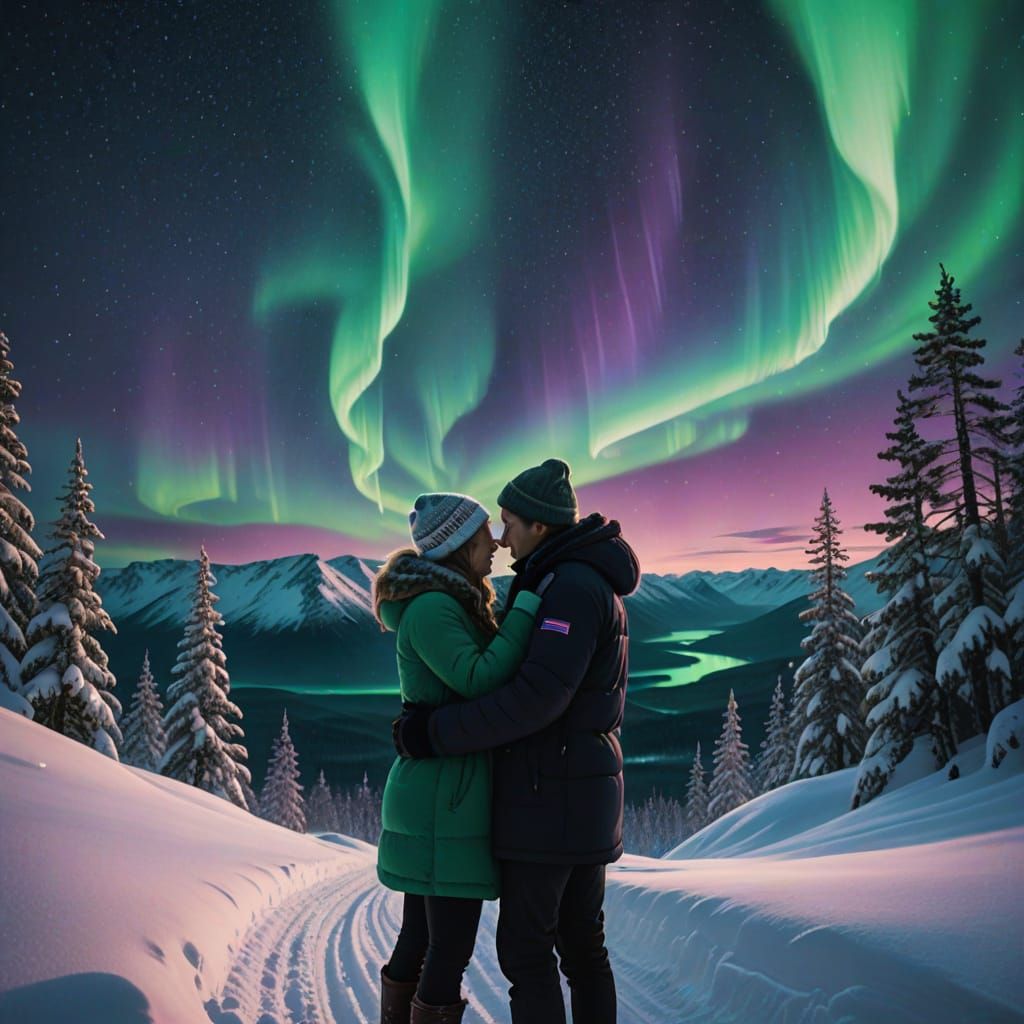 Couple's First Kiss Under Aurora Borealis