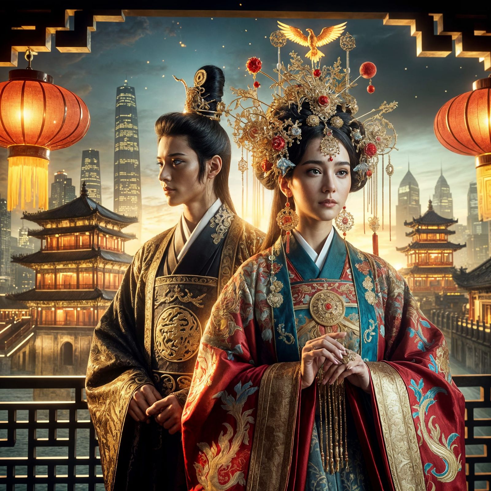 Chinese Royal Couple in Time-Blending Landscape