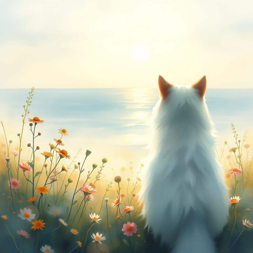 misted transparent sun appearing from the sea, fluffy cat fr...