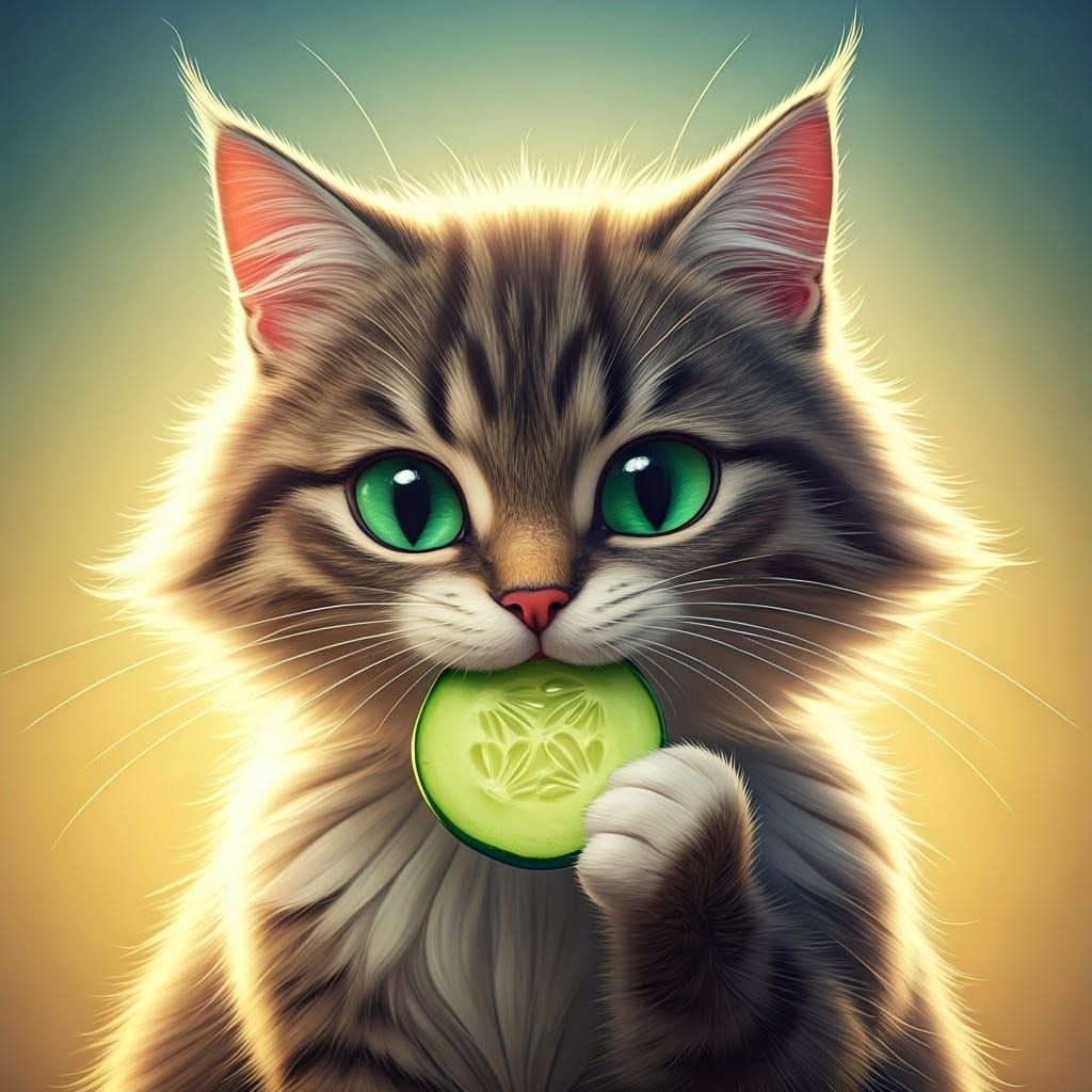 Whimsical Cat Bites into Crunchy Cucumber
