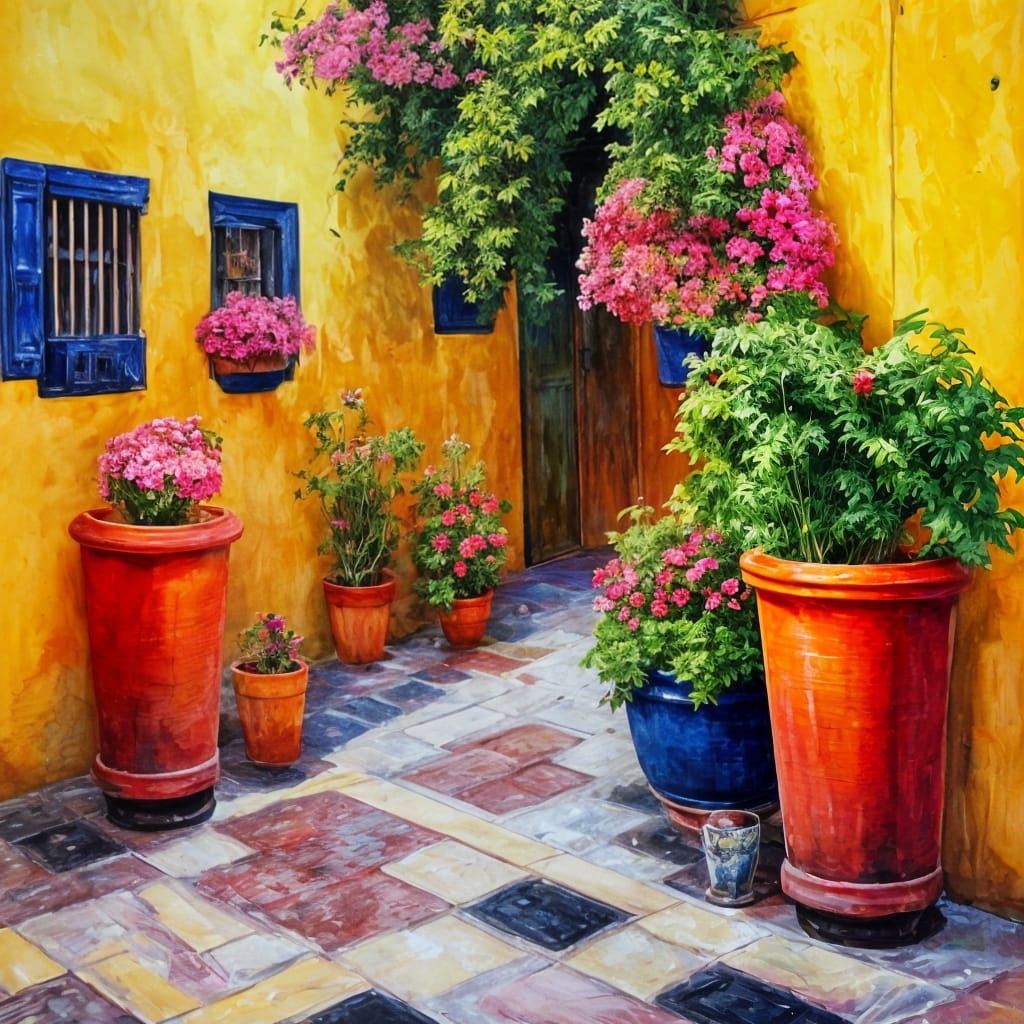 Mediterranean Seaside Estate as Grungy Oil Painting