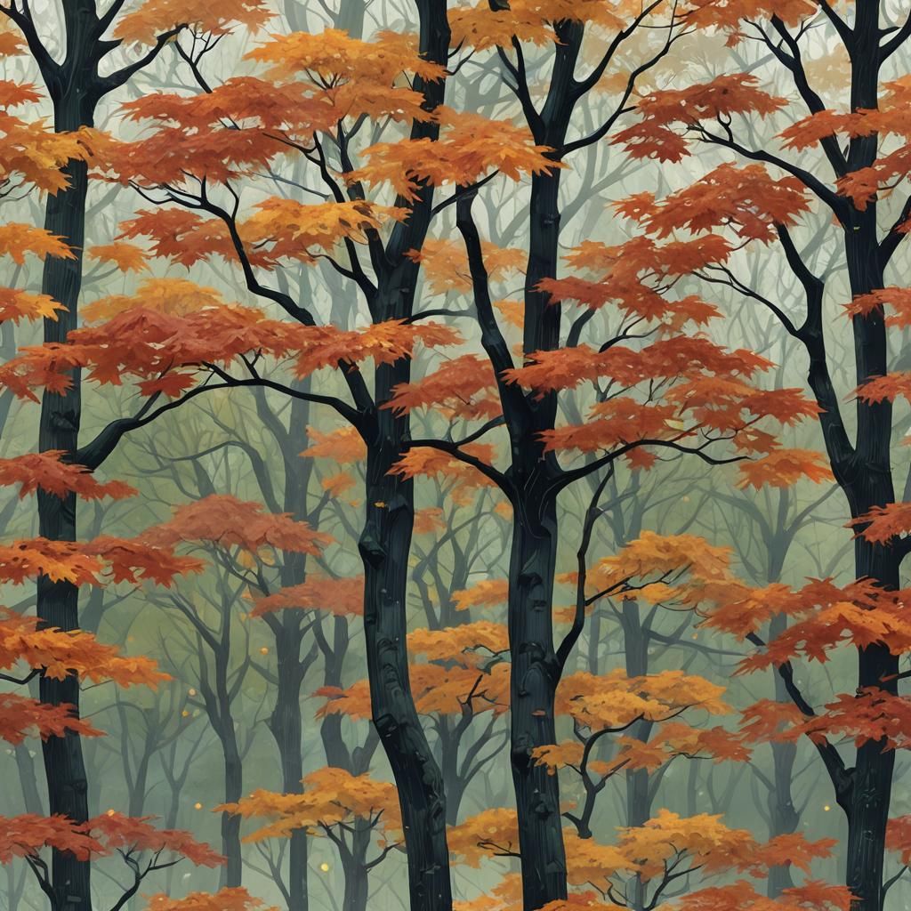Rainy Autumn Park with Maple Trees