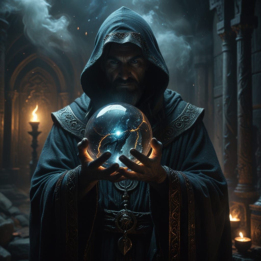 Cinematic Wizard Cradles Dark Orb of Power in Grand, Sweepin...