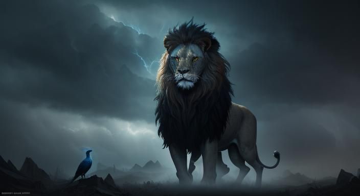 Lion with Peacocks in Dark Fantasy Style