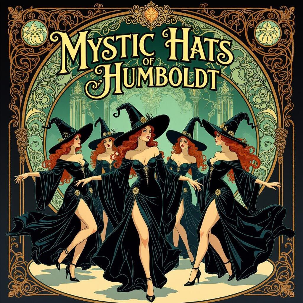 Art Nouveau Witches Dancing Under Mystic Sign