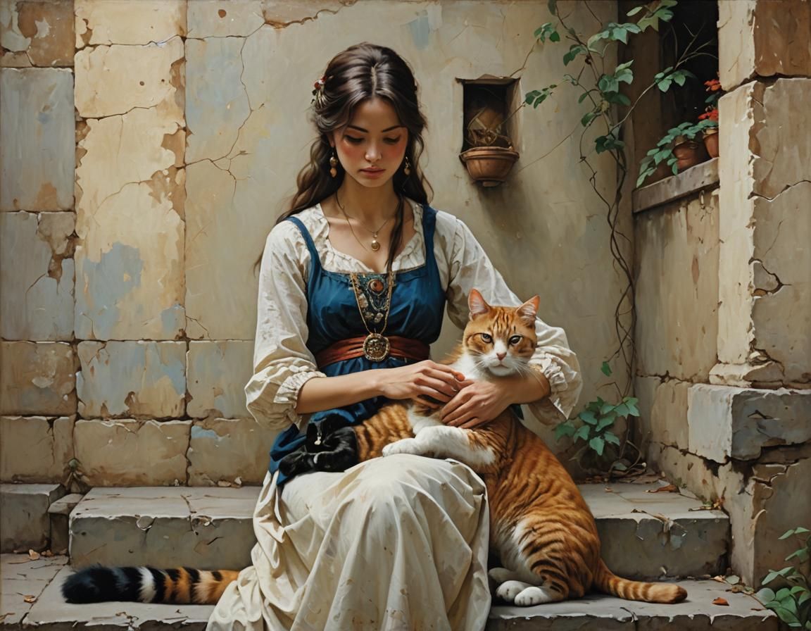 Woman and Cat: Oil Painting Portrait