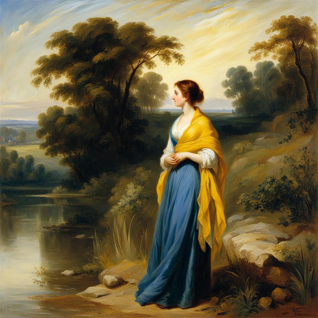 Woman by Riverbank in Romantic Style