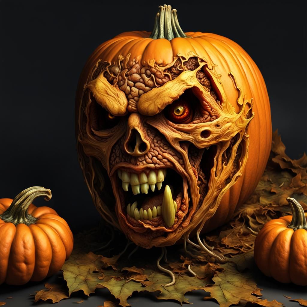 Undead Pumpkin Face Eating Brains, Matte Painting