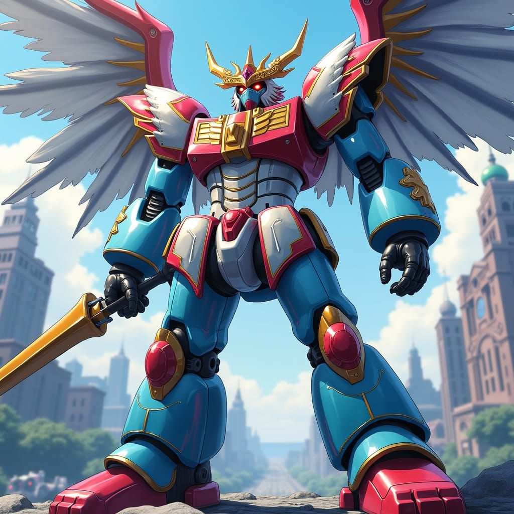 Epic Anime Robot Dragon Zords Towering Over the City