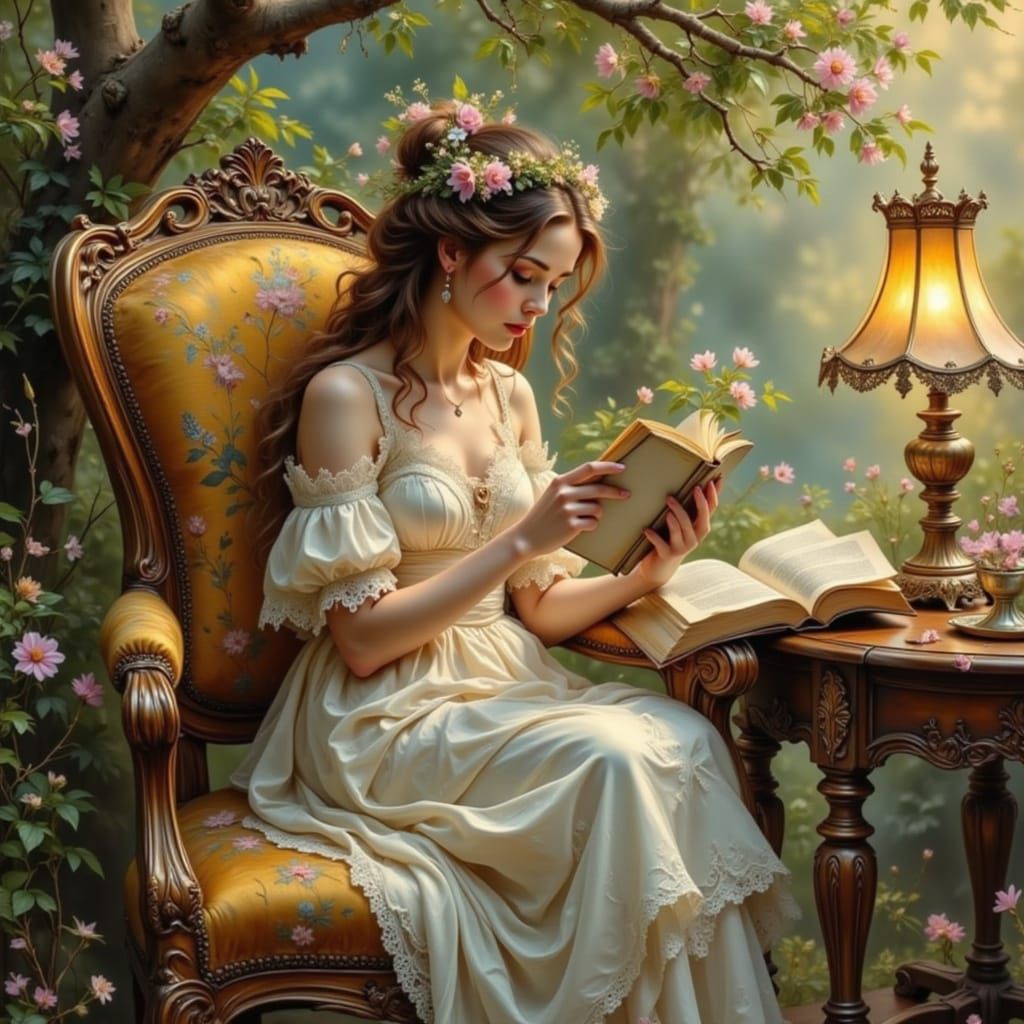 Ethereal Woman Reading by Lamplight with Flowers