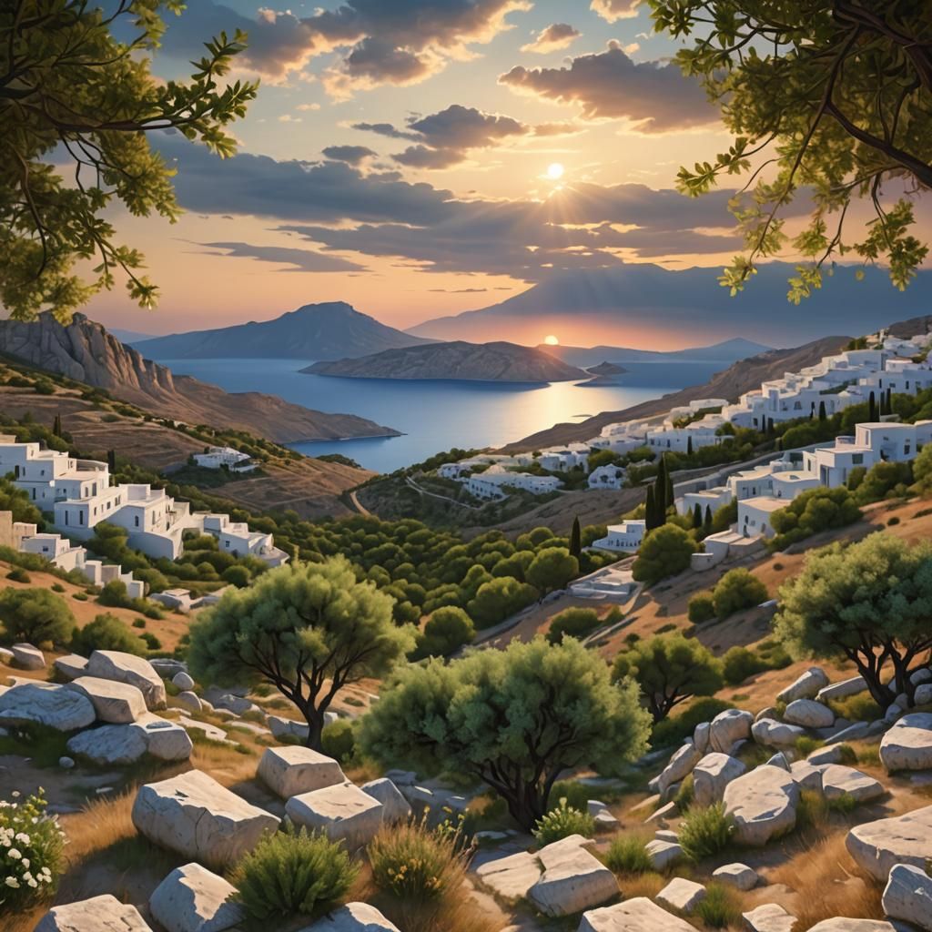 Greek Summer Sunset Landscape: Photorealistic Nature