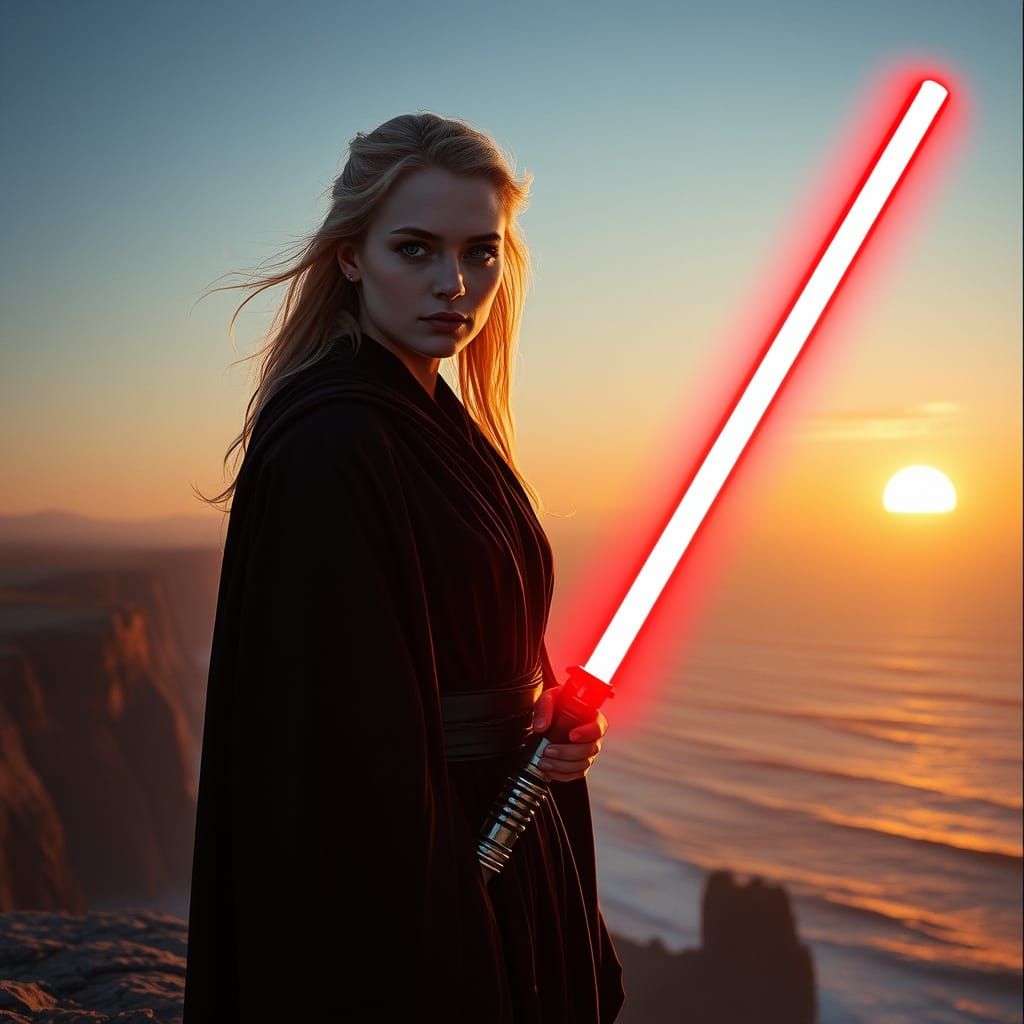 A Blonde Jedi Knight Stands on a Windswept Cliff, Binary Sun...
