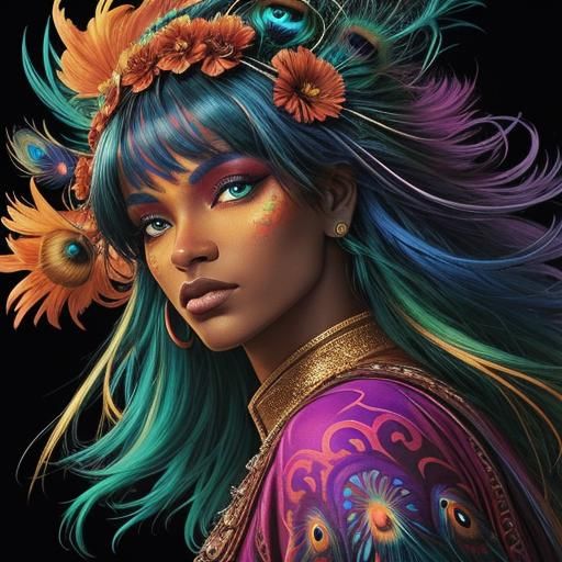 Peacock Haired Woman in Vibrant Digital Art