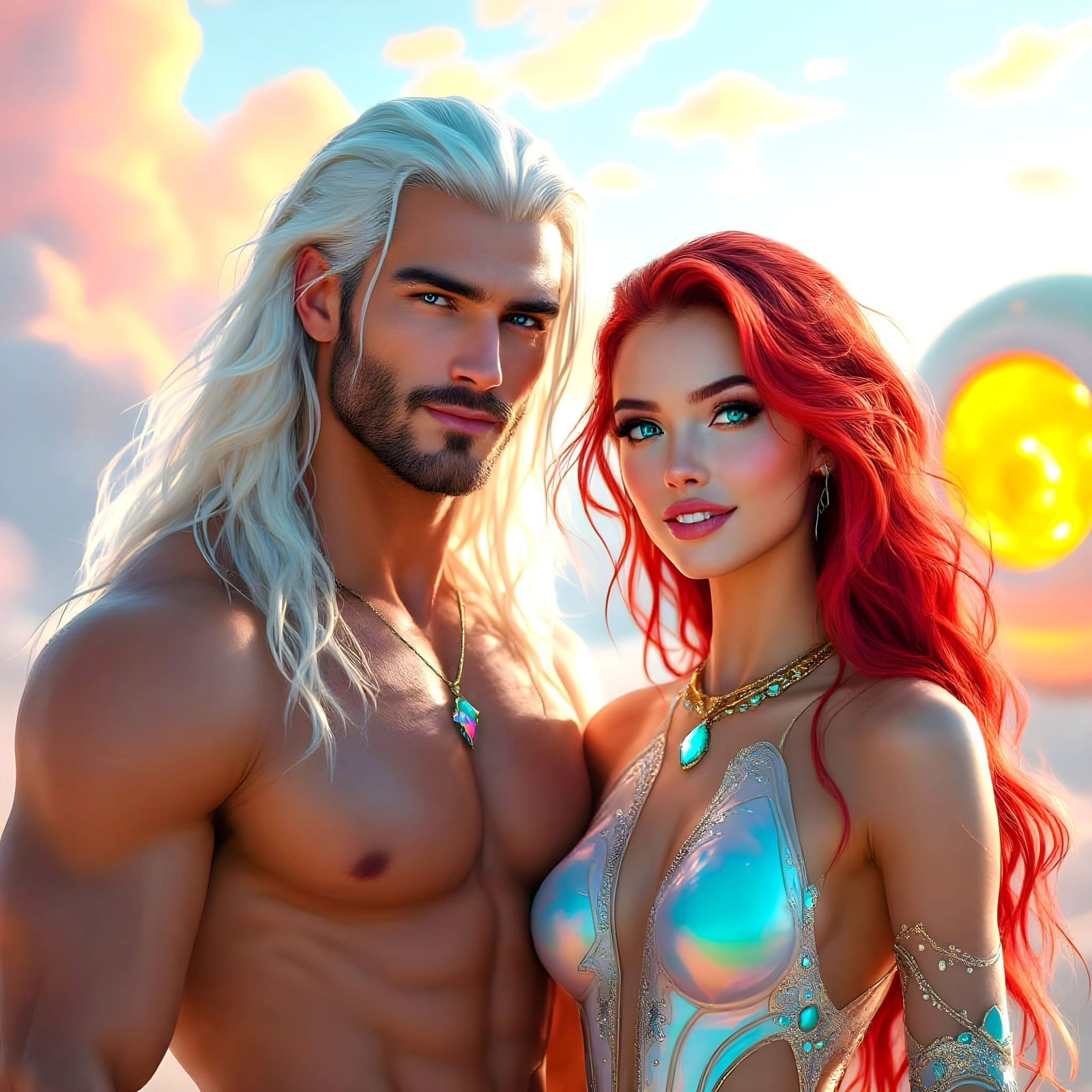 Ethereal Celestial Couple in Futuristic Space