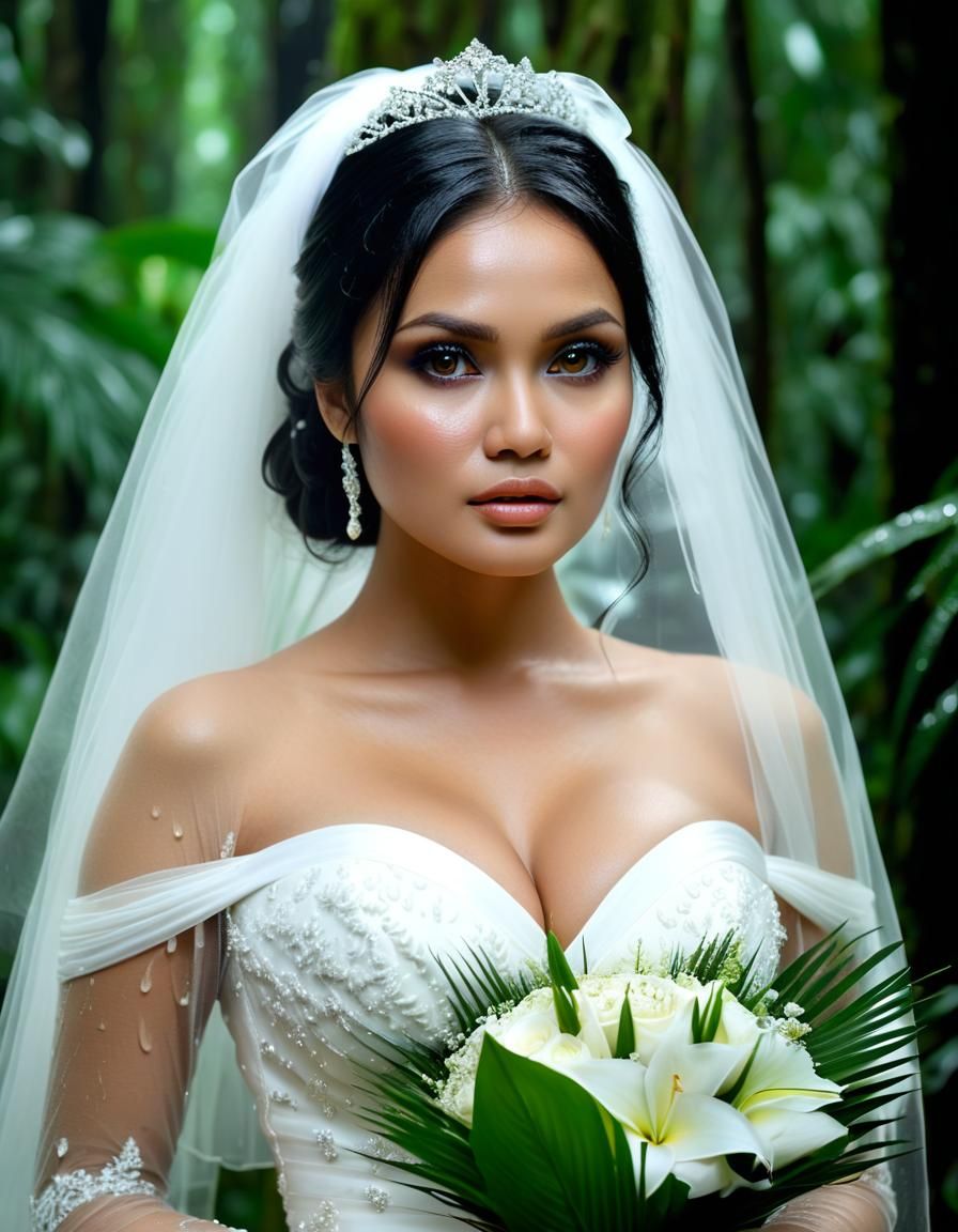 Indonesian Woman in Wedding Dress in Misty Forest