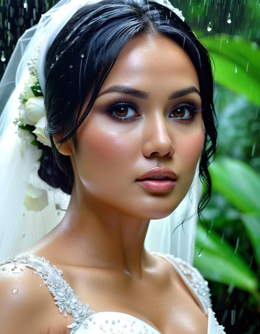Indonesian Woman in Wedding Dress in Misty Forest