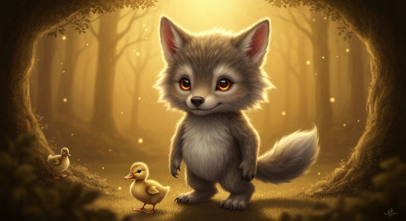 Whimsical Baby Werewolf with Flowers in Magical Forest