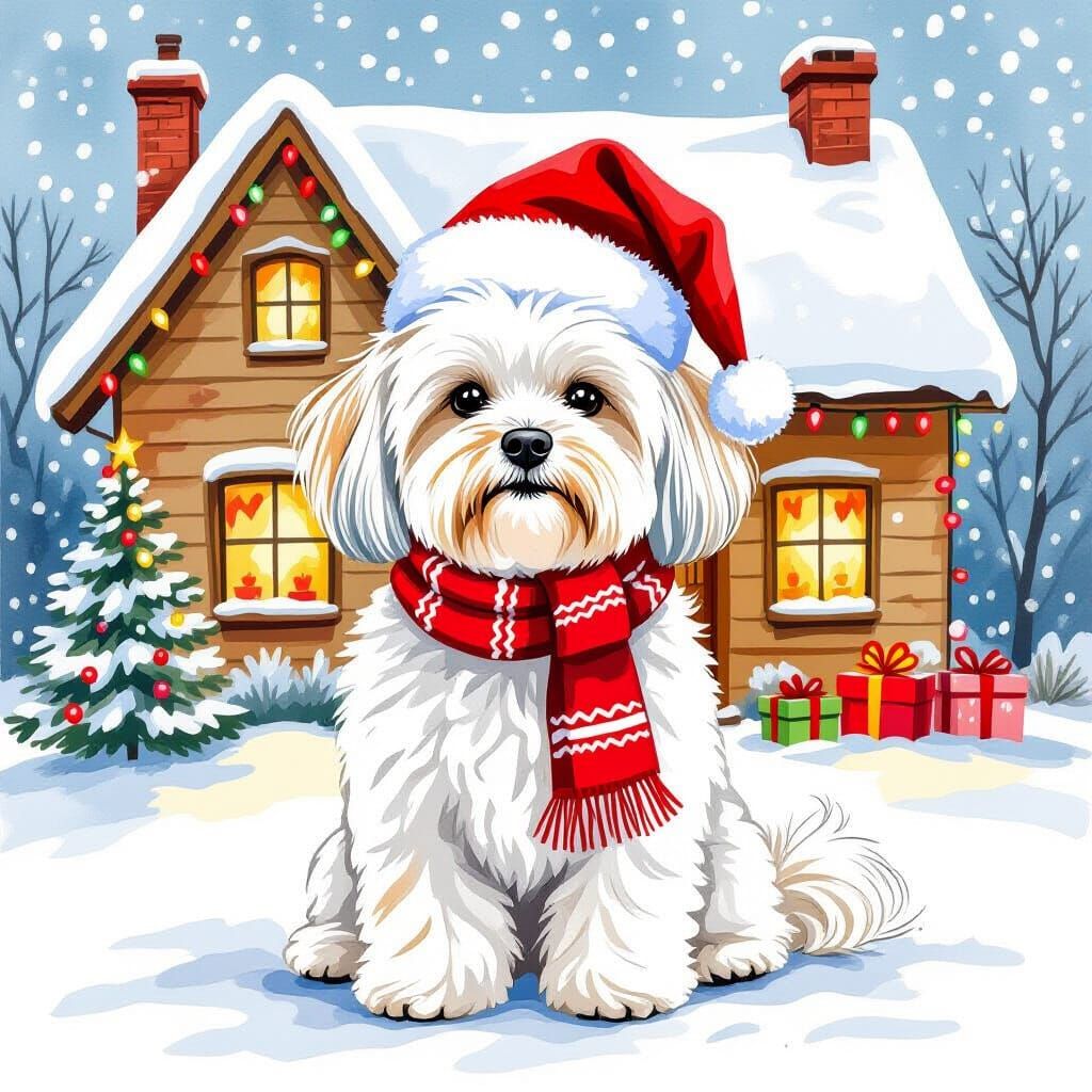 Festive Maltese Dog in Watercolor Style