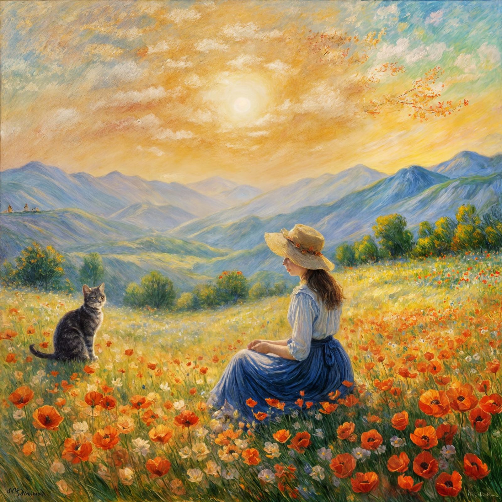 French Lady in Poppy Field, Impressionist Style