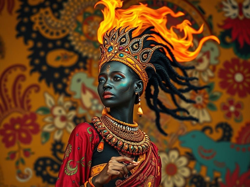 Fiery African Goddess on Burning Textiles