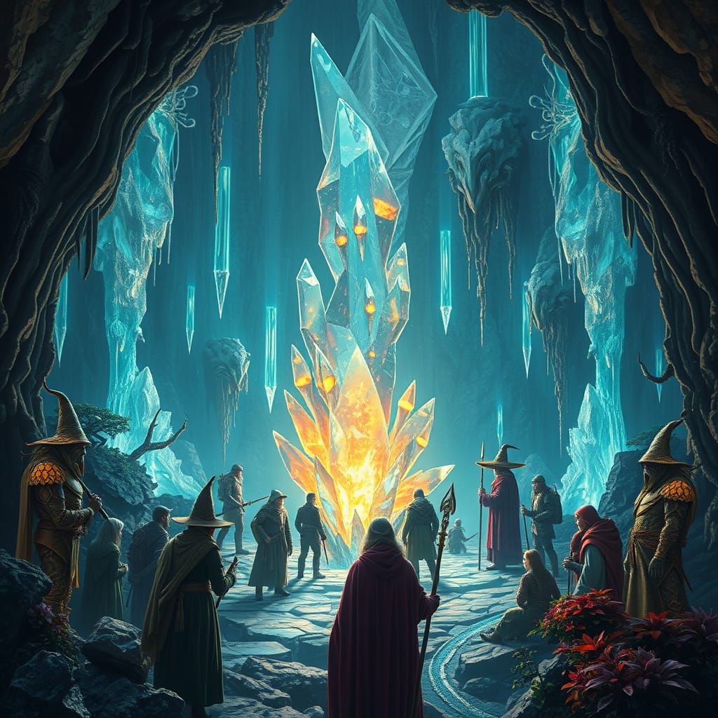 Wizards Gather Around Glowing Crystal Formation in Lush, Dre...