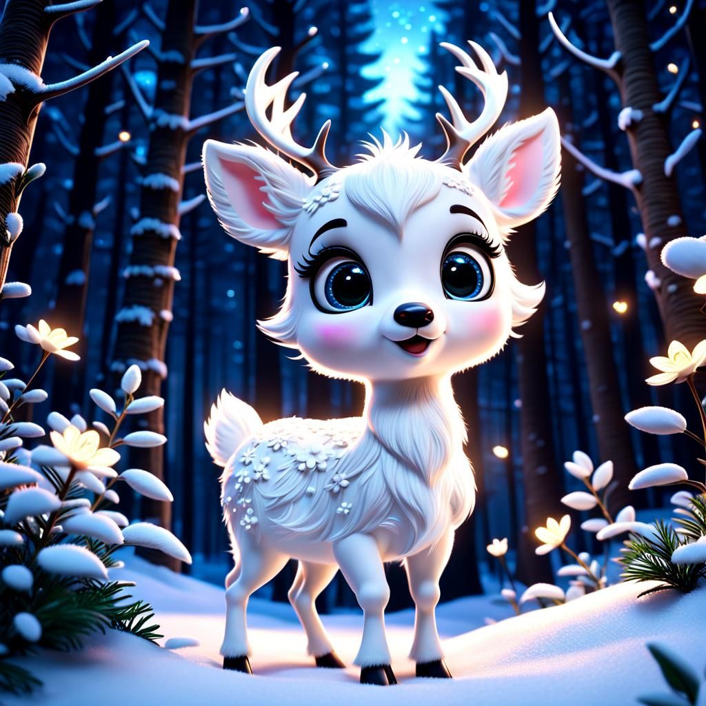 Adorable White Deer in Winter Forest: Pixar Style