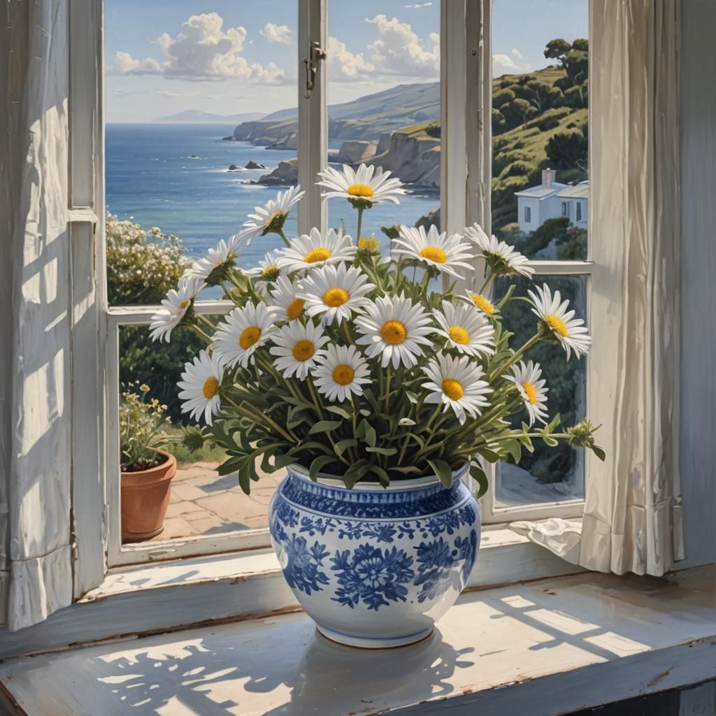 Michaelmas Daisies in Ceramic Pot by Window