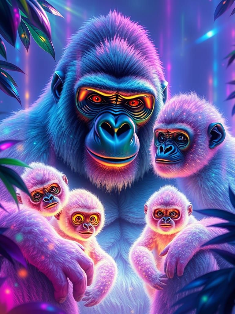 Rainbow Gorilla Family in Crystalline Jungle