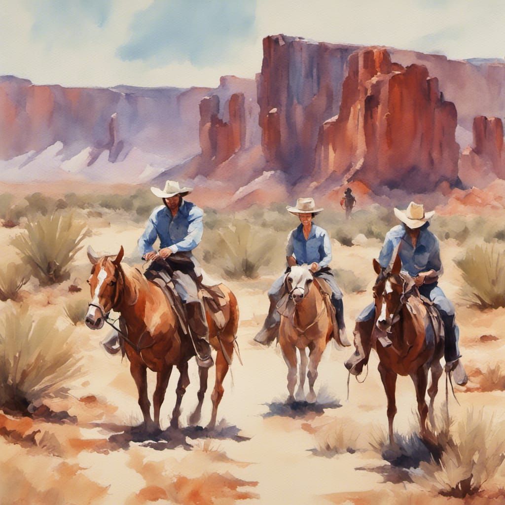Desert Adventure: Cowboys and Cowgirls in Gouache Style