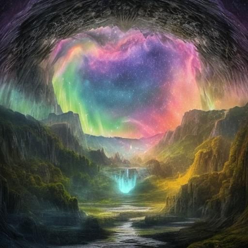 Moon Goddess Pouring Rainbow Waterfall into Cosmos
