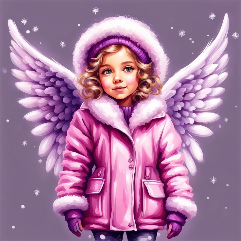 Cute Angel in Winter Clothes, Oil Painted Airbrush