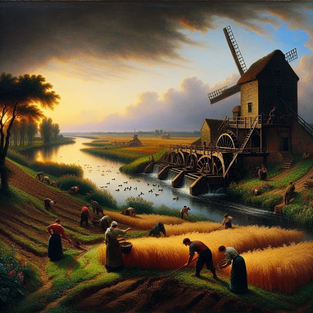 19th Century River Mill Harvest Scene