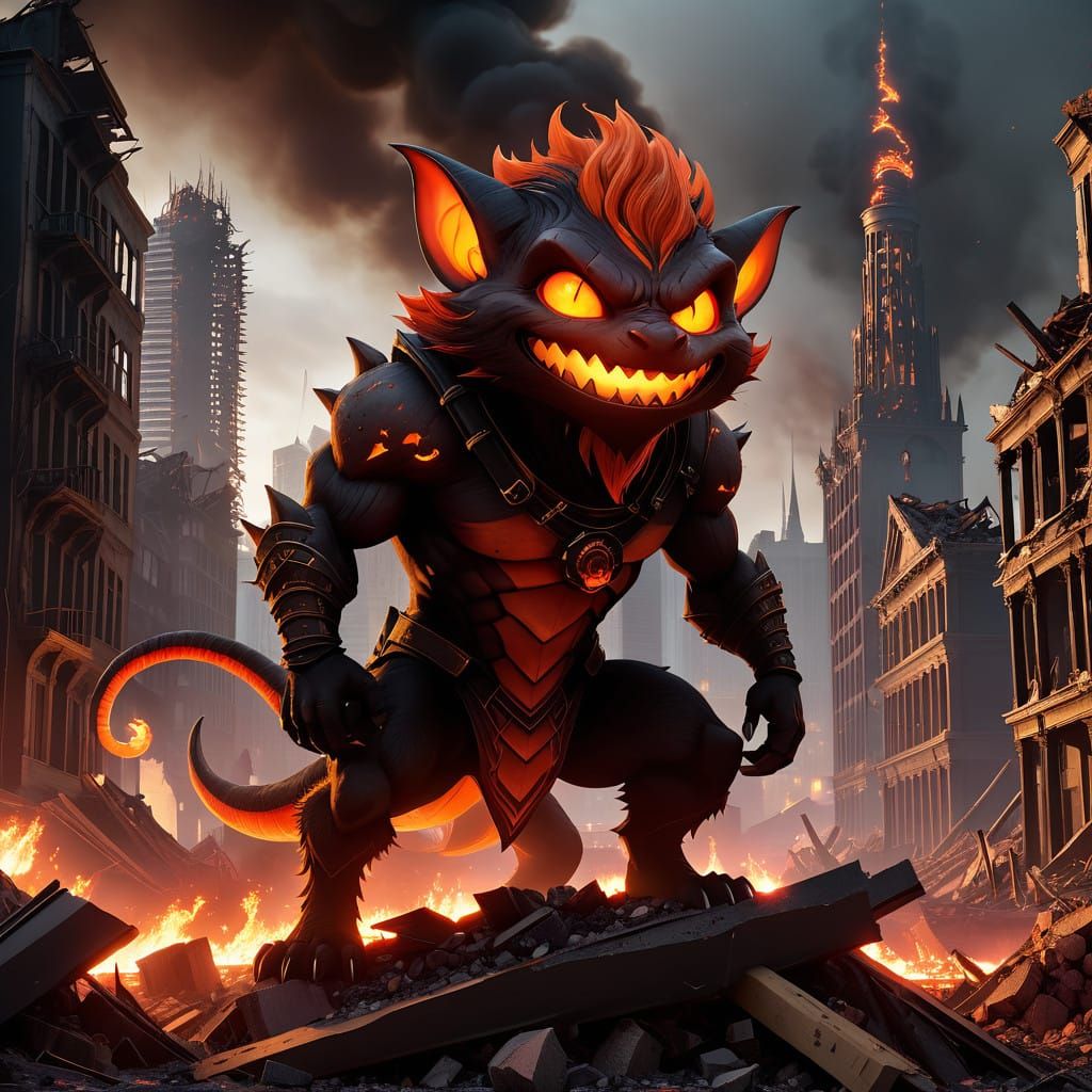 Mischief in the Ruins: A Vibrant Orange Imp