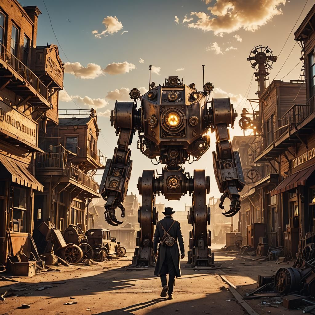 Steampunk Figure in Abandoned Mechanical Ghost Town