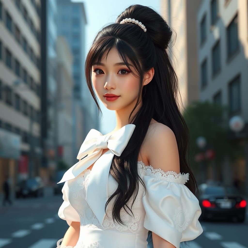 Elegant Asian Woman in White Wedding Dress