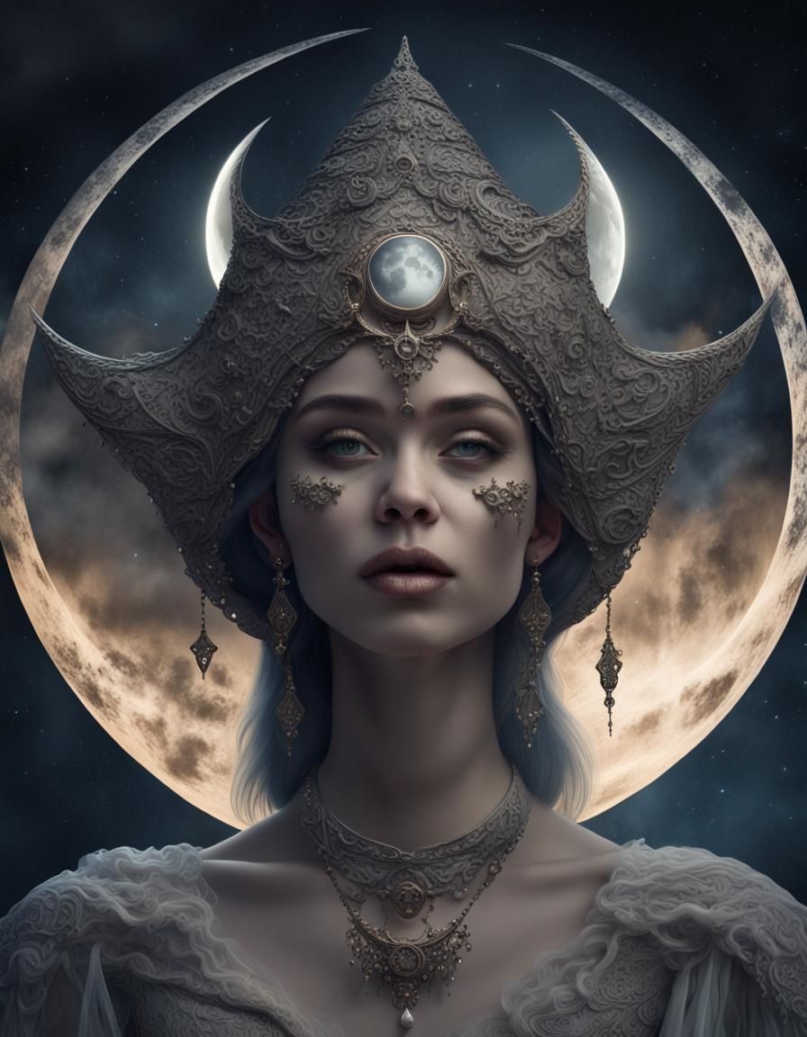 Eerie Moon Witch with Crescent, Digital Painting