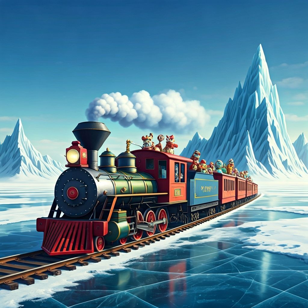 Vintage Toy Train Crosses Icy Lake Under Winter Sky