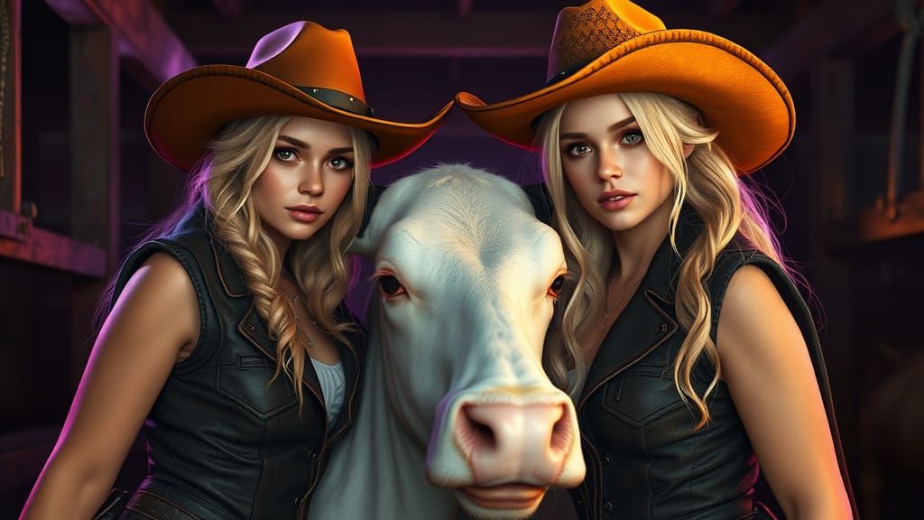 Blonde Cowgirls in Dark Fantasy Barn Scene