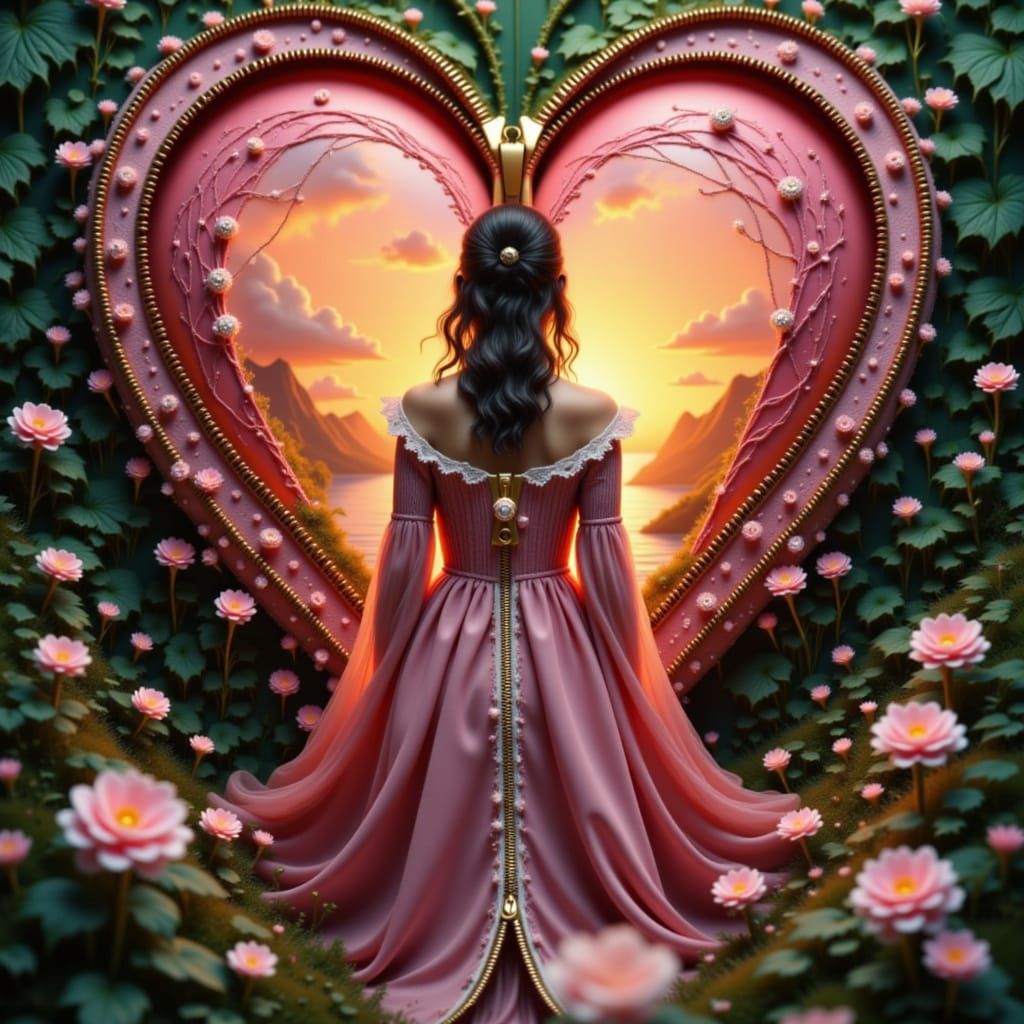 Heart Zipper: Woman Reveals Glowing Heart in Dreamy Landscap...