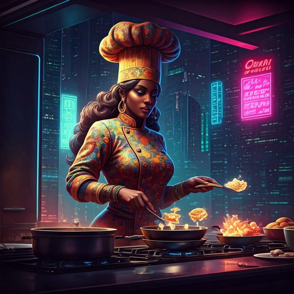 Stylish Woman Cooks Mushroom Stars in Futuristic Kitchen