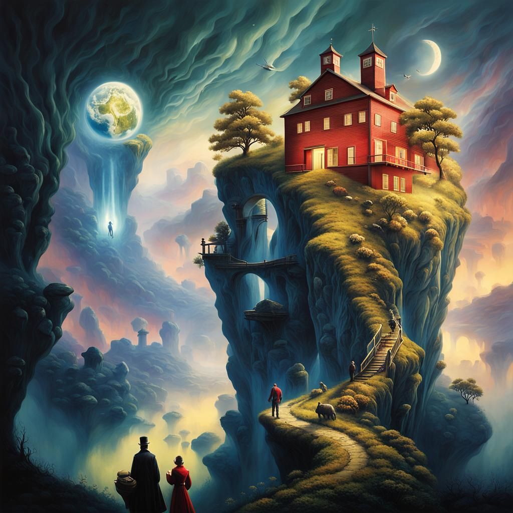 Surreal Farmhouse Dreamscape with Bonsai and Stargate