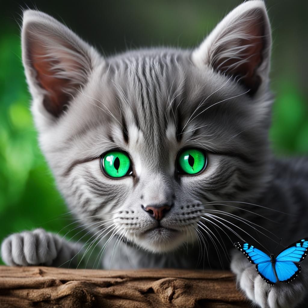 Cute Grey Kitten with Butterfly: Photorealistic Image