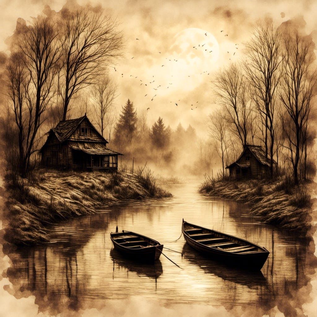 Steampunk River Scene in Vintage Ink Painting Style