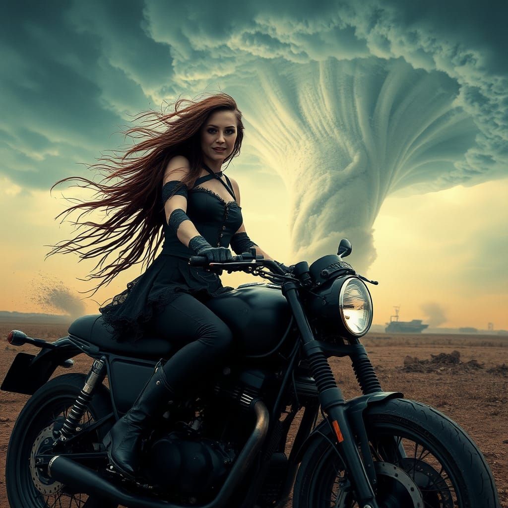 Gothic Woman Rides Motorcycle Through Tornado