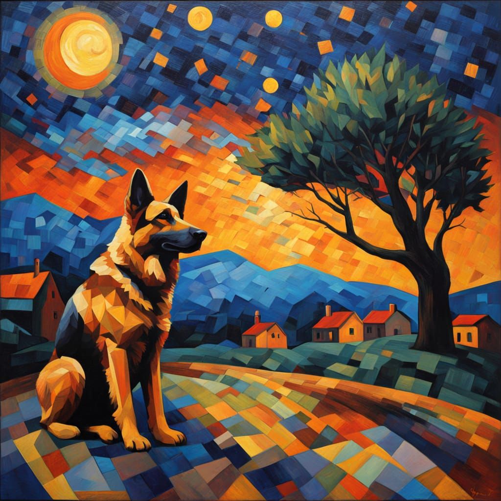 German Shepherd Stands Before a Dreamy Cubist Village